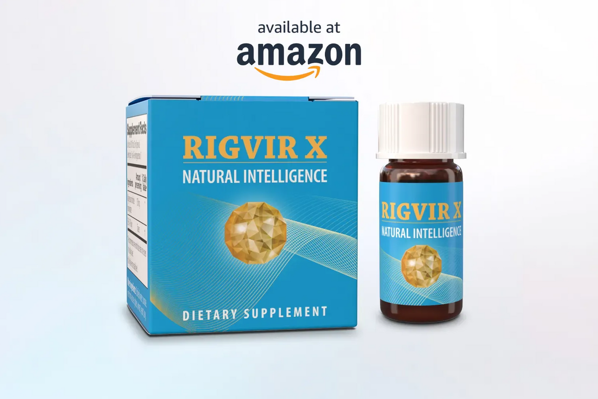 A blue RIGVIR X Natural Intelligence dietary supplement box and matching bottle with a white cap, shown on a light gray background with an 'available at amazon' badge above.